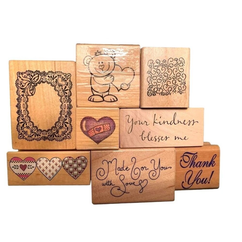 Rubber Stamps Wooden Lot Hearts Bear Thank You Kindness Craft Set